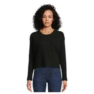 Time & Tru Women's Black Cotton/Poly/Spandex Ribbed Knit Scoop Neck Long Sleeve